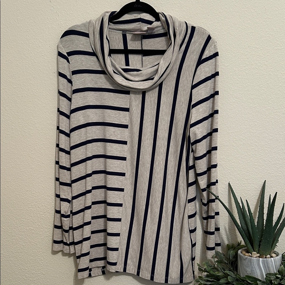 Chico's Navy and Cream Striped Cowl Neck Sweater